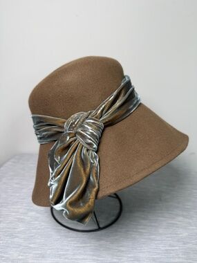 Vintage Laura Ashley Wool Wide Brim Brown Hat Bronze Bow Made in Great Britain